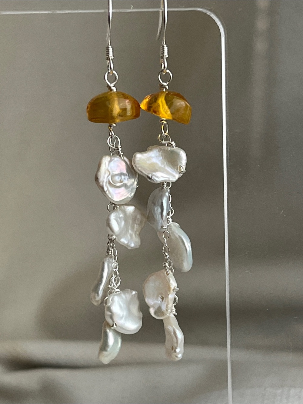 Baroque Pearl Drop Earrings with Amber - Sterling Silver